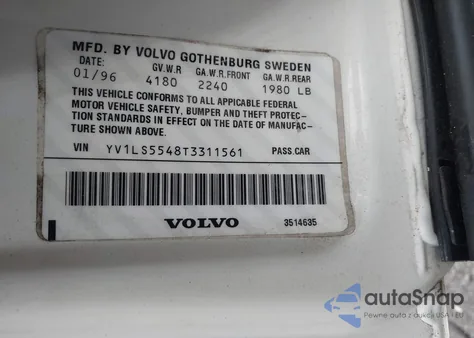 1996 Volvo 850 Glt z USA, uszkodzony, nr VIN YV1LS5548T3311561